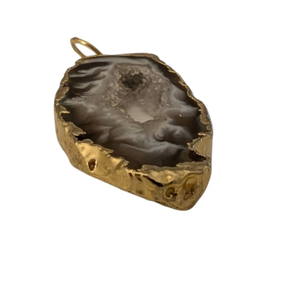VINTAGE Druzy Agate Natural Quartz Gold Dipped Necklace Pendent